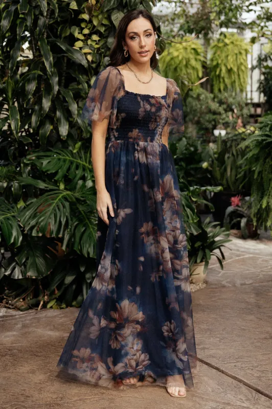 Cassandra Tulle Maxi Dress | Dark Blue Floral sold by Baltic Born