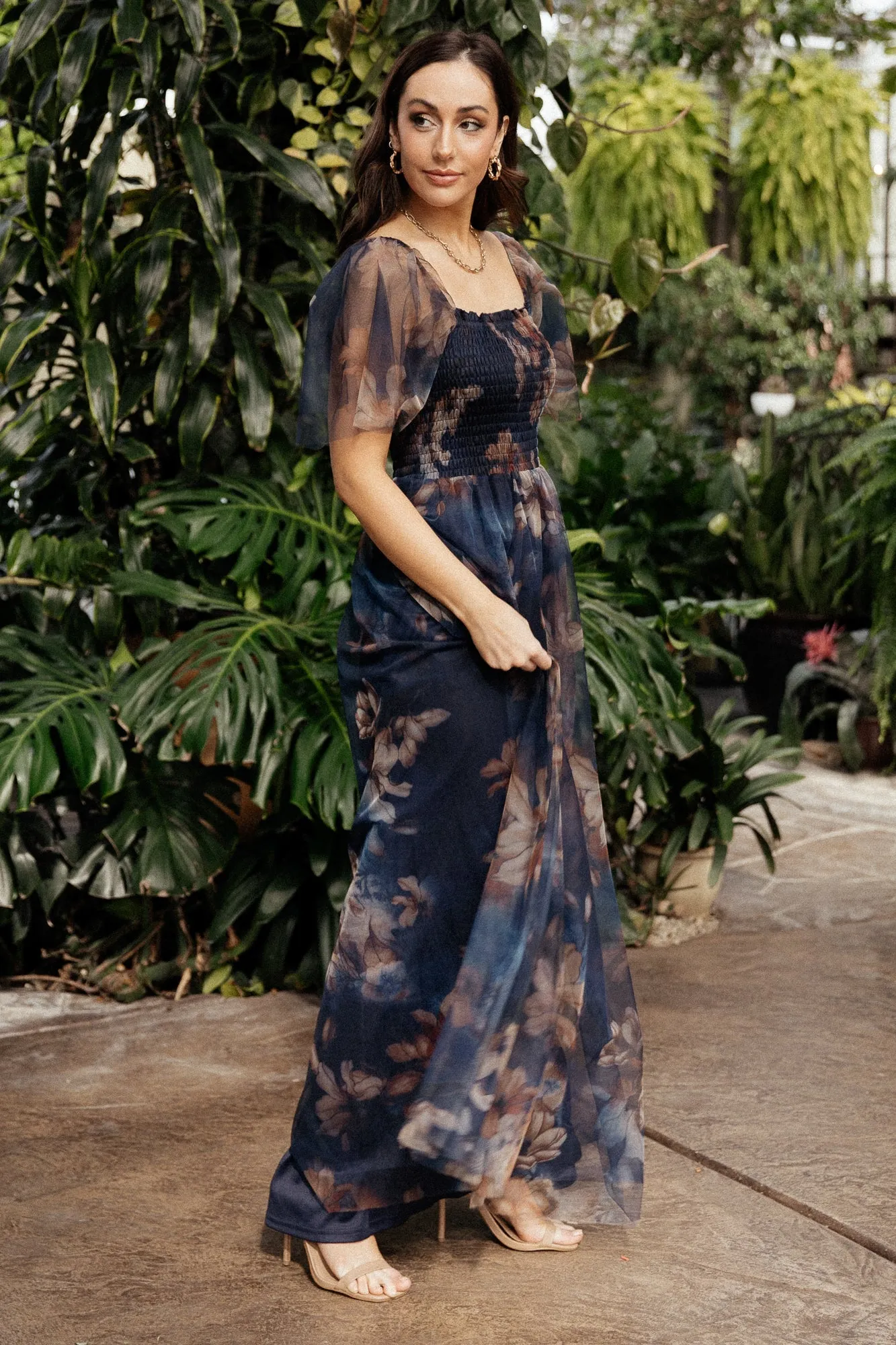 Cassandra Tulle Maxi Dress Dark Blue Floral Parallel