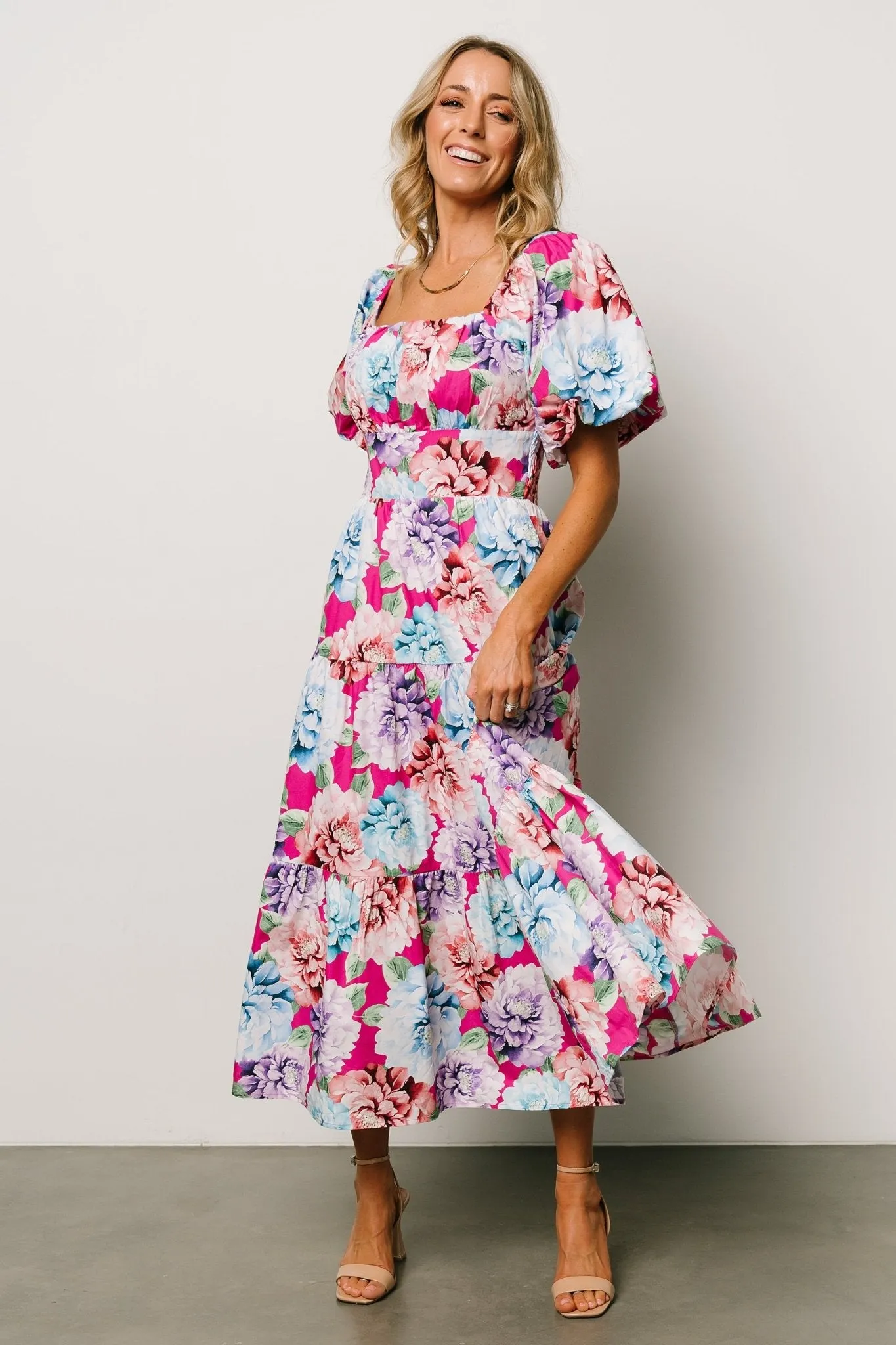 Iva Puff Sleeve Midi Dress | Fuchsia Multi Floral sold by Baltic Born product image thumbnail 2