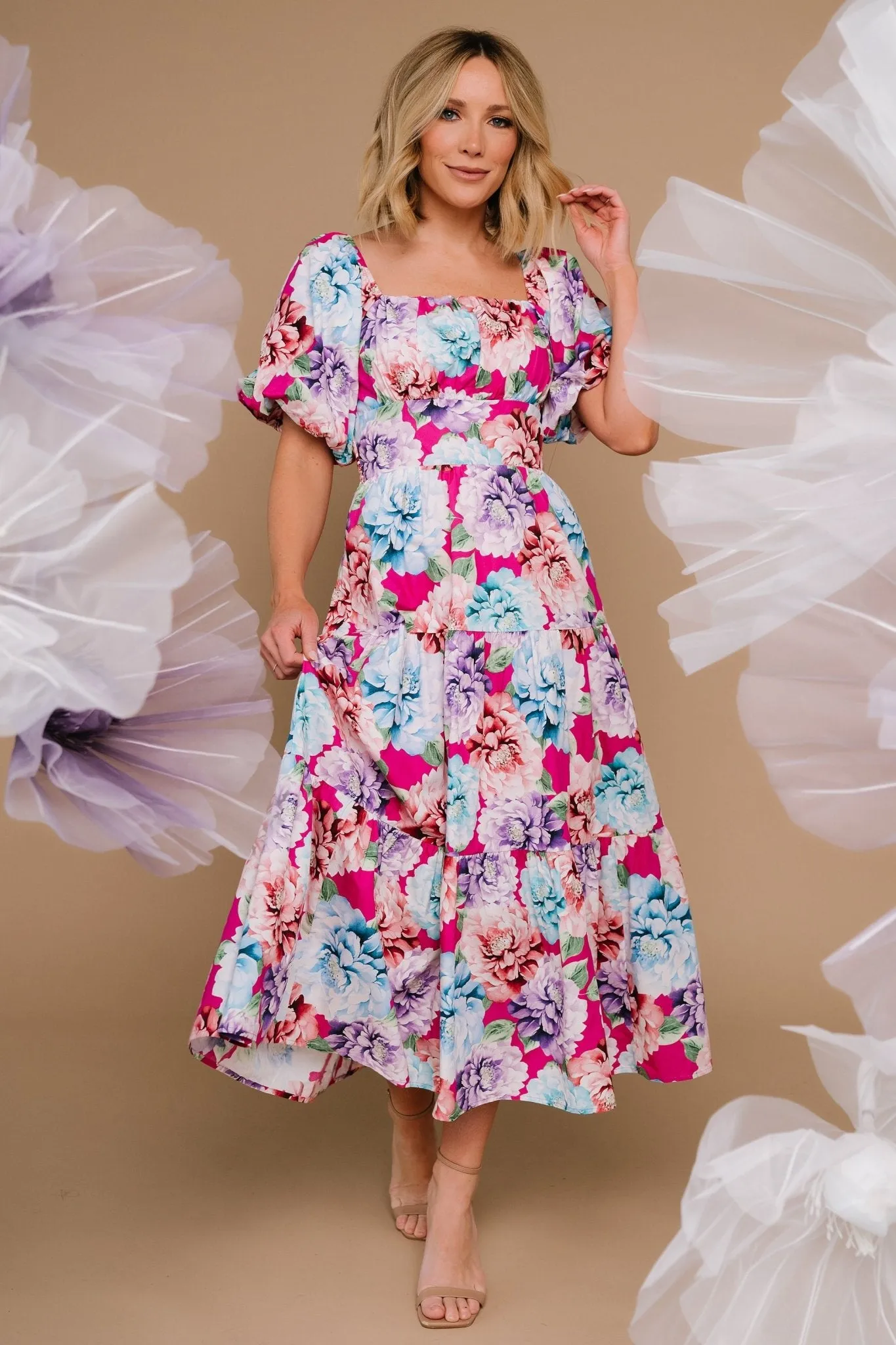 Iva Puff Sleeve Midi Dress | Fuchsia Multi Floral sold by Baltic Born product image thumbnail 5