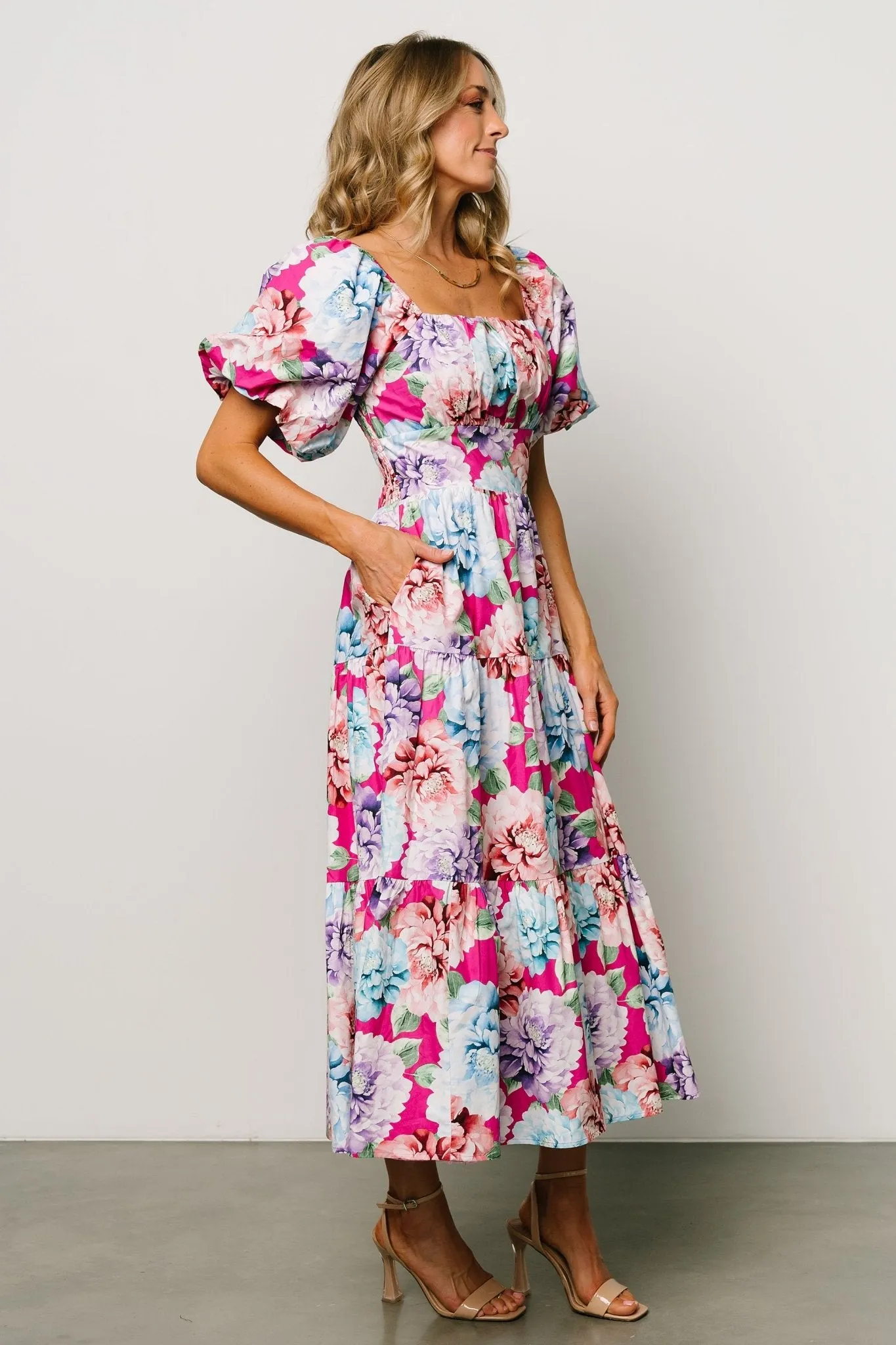 Iva Puff Sleeve Midi Dress | Fuchsia Multi Floral sold by Baltic Born product image thumbnail 4