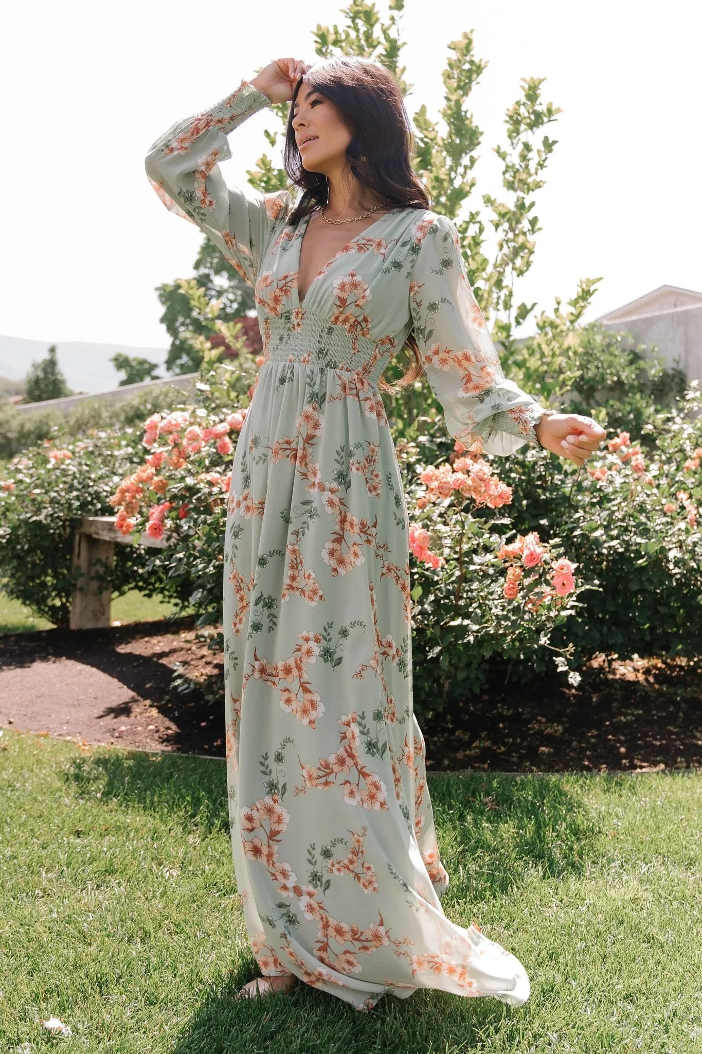 Olivia Maxi Dress | Sage + Peach Floral sold by Baltic Born product image thumbnail 5
