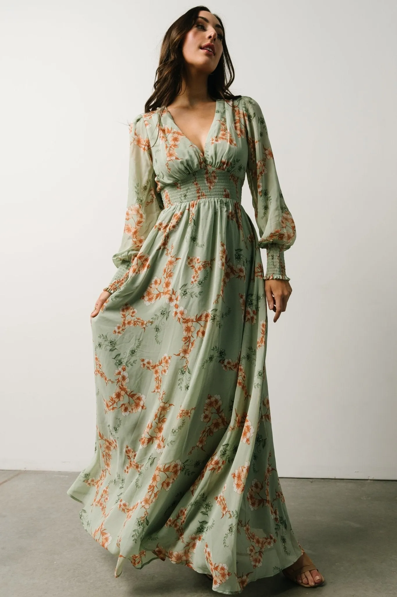 Olivia Maxi Dress | Sage + Peach Floral sold by Baltic Born product image thumbnail 2