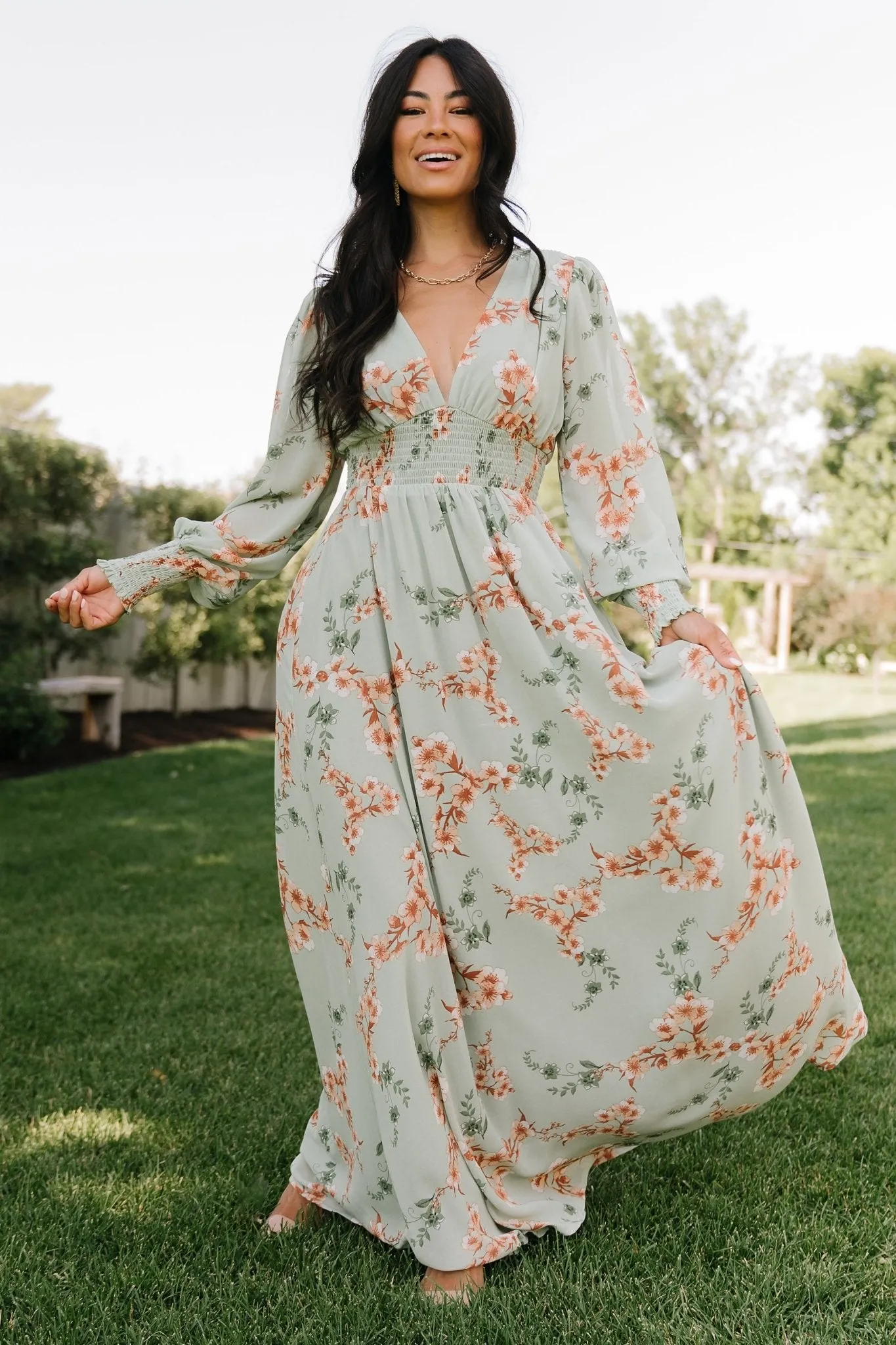 Olivia Maxi Dress | Sage + Peach Floral sold by Baltic Born