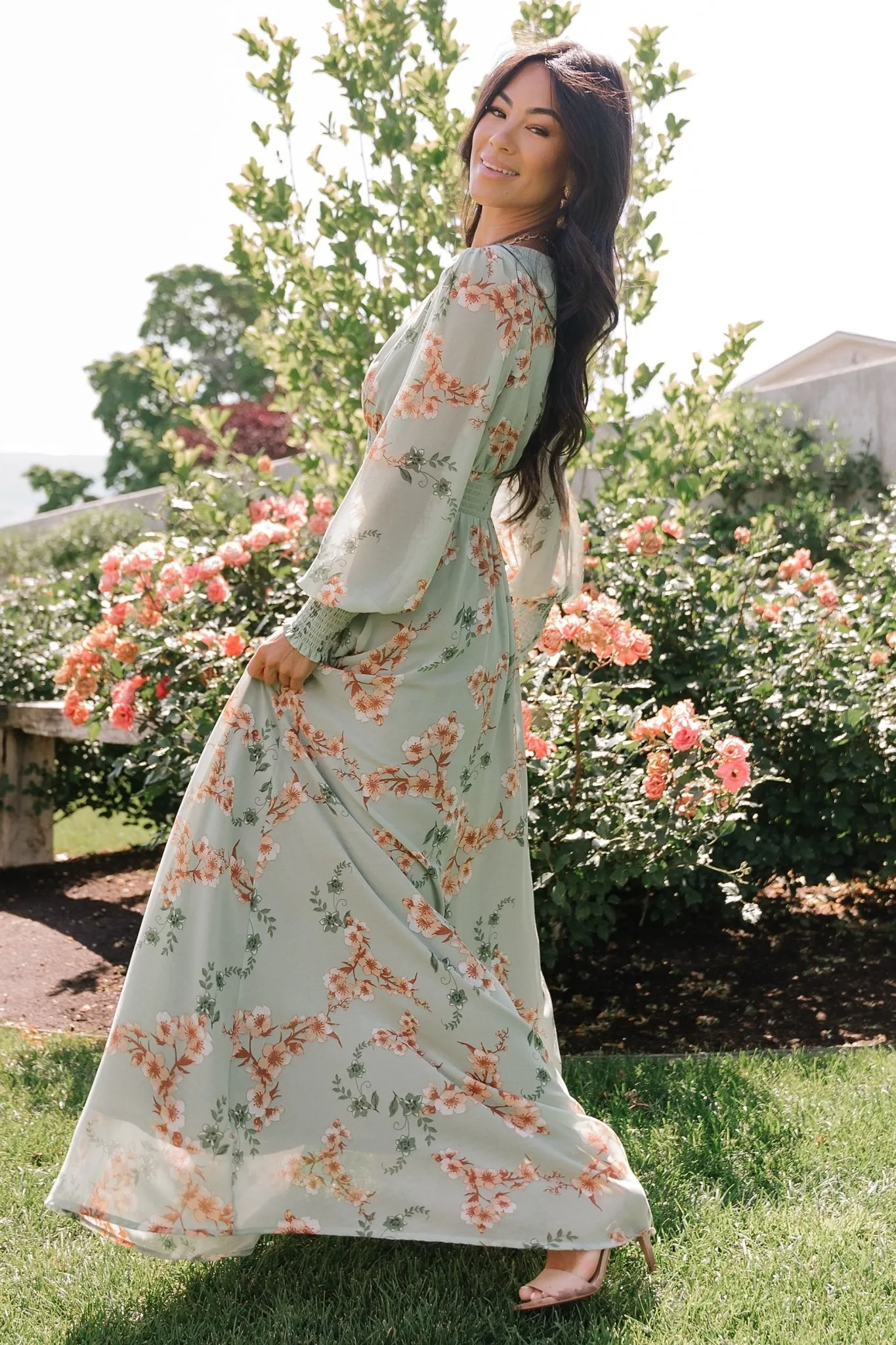 Olivia Maxi Dress | Sage + Peach Floral sold by Baltic Born product image thumbnail 3