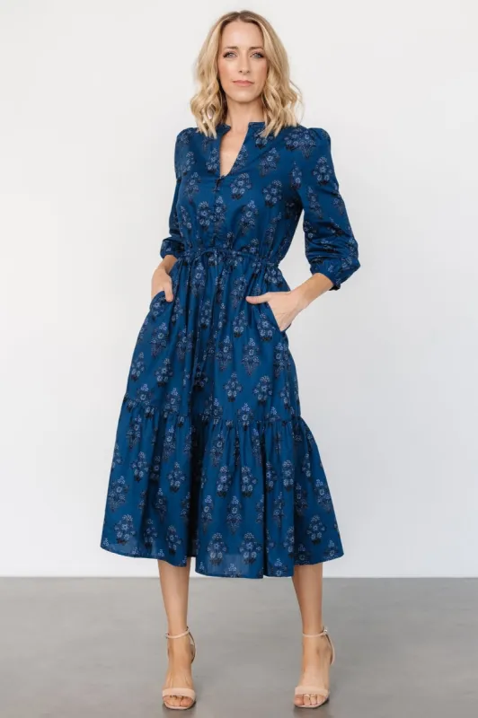 Mira Midi Dress | Deep Blue Print sold by Baltic Born