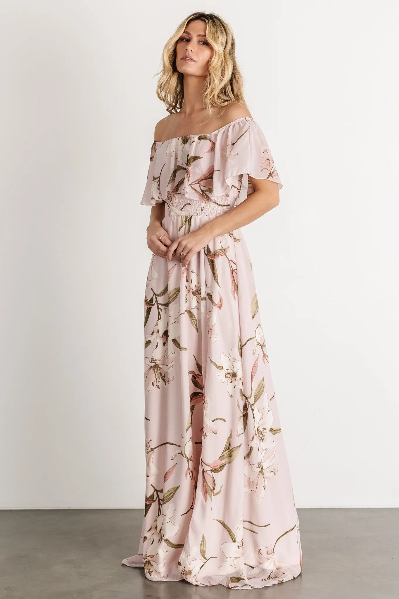 Daphne Off Shoulder Maxi Dress | Mauve Floral sold by Baltic Born