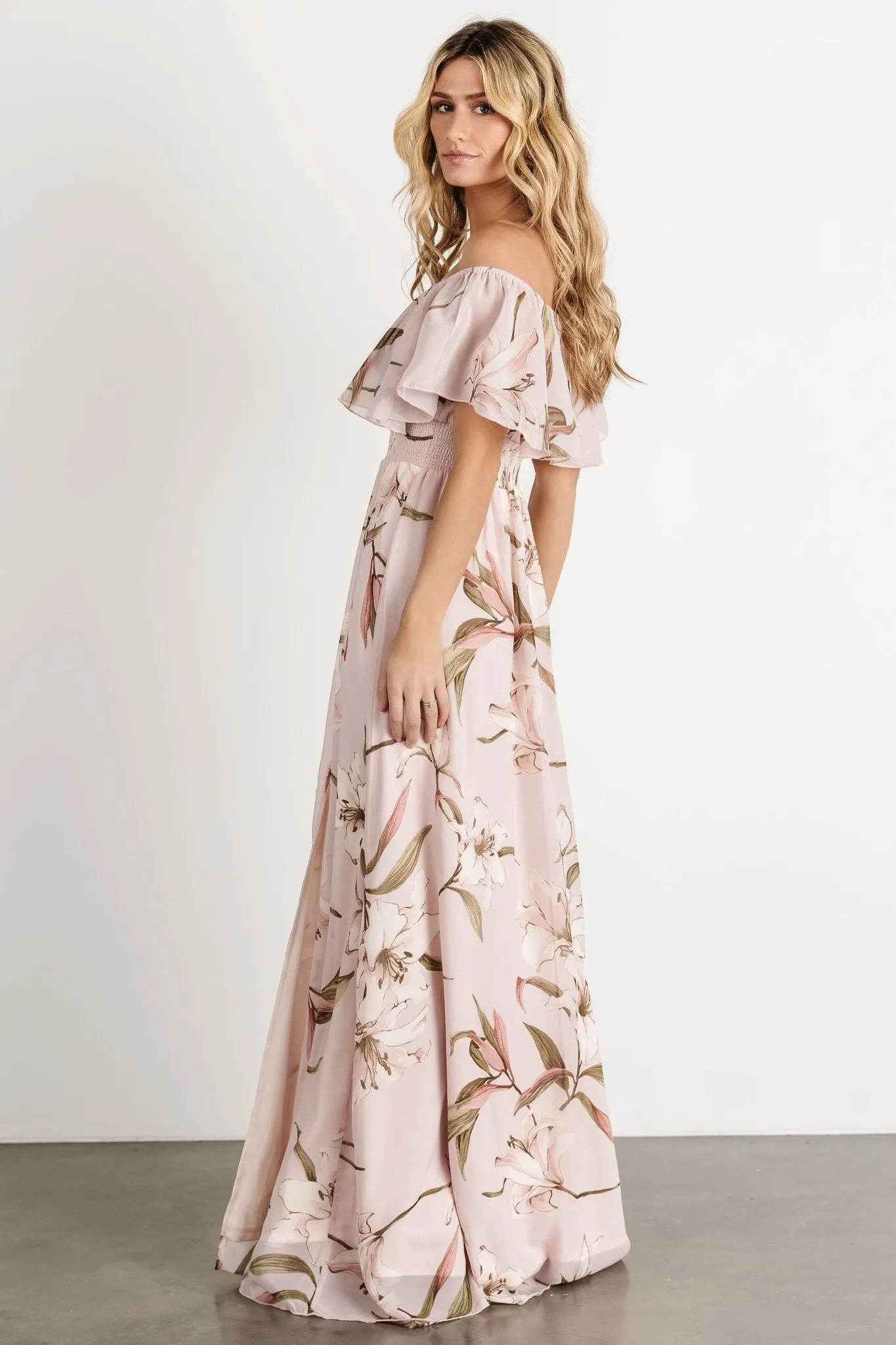 Daphne Off Shoulder Maxi Dress | Mauve Floral sold by Baltic Born product image thumbnail 5