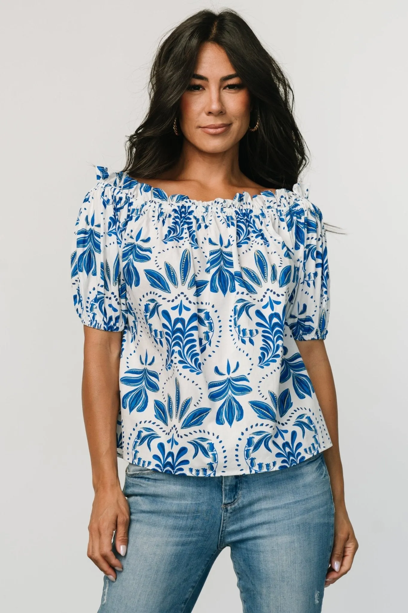Santorini Off Shoulder Top | White + Blue sold by Baltic Born product image thumbnail 4