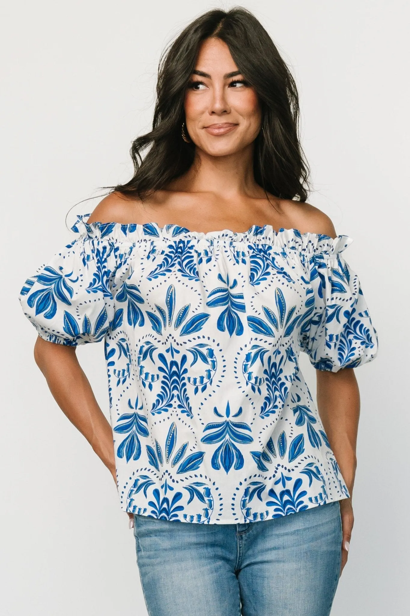 Santorini Off Shoulder Top | White + Blue sold by Baltic Born
