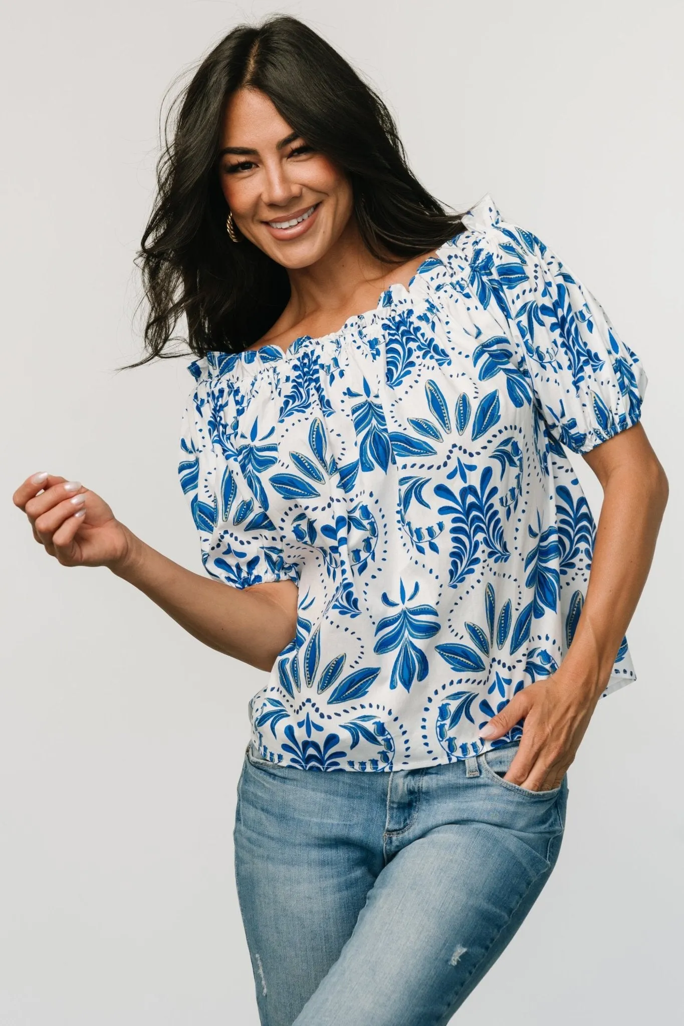 Santorini Off Shoulder Top | White + Blue sold by Baltic Born product image thumbnail 2