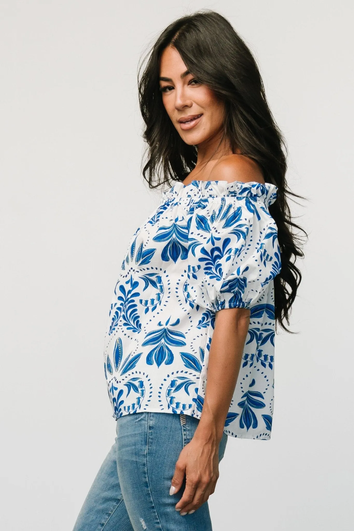 Santorini Off Shoulder Top | White + Blue sold by Baltic Born product image thumbnail 3