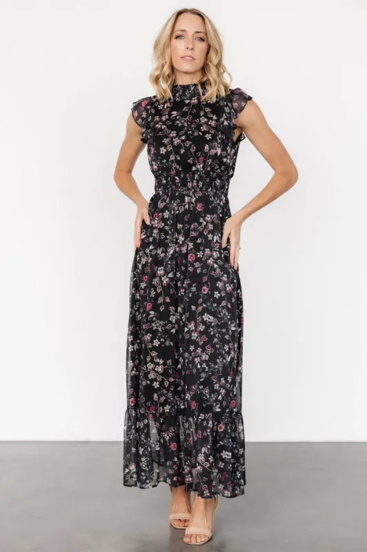 Kearny Ruffle Maxi Dress | Midnight + Gold Multi sold by Baltic Born