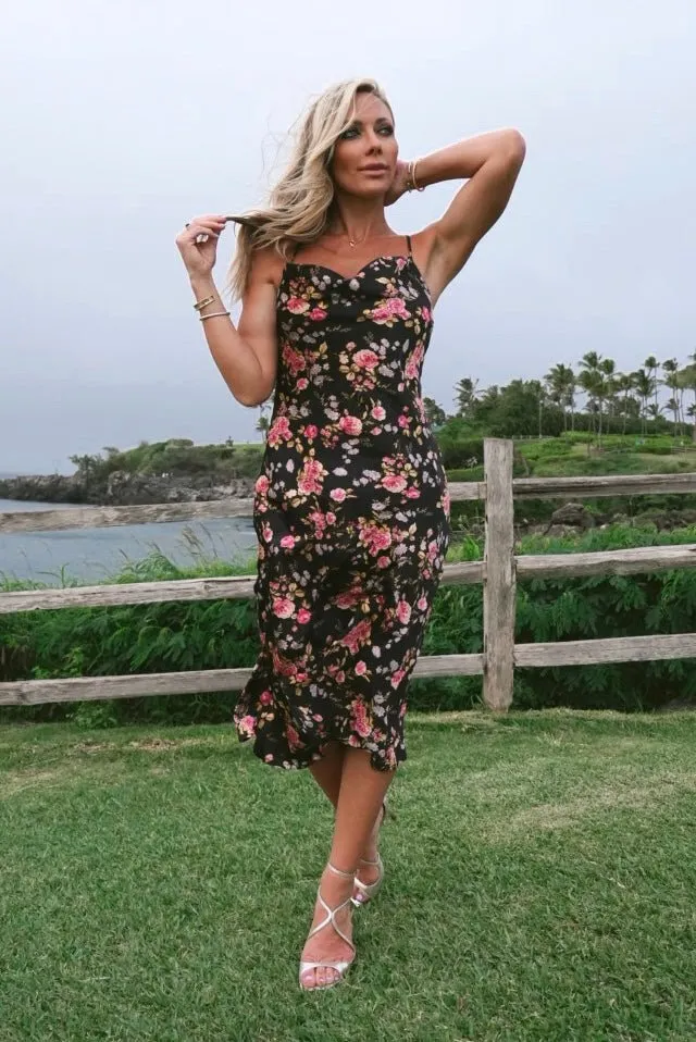Belyn Satin Midi Dress | Black Rose Floral sold by Baltic Born