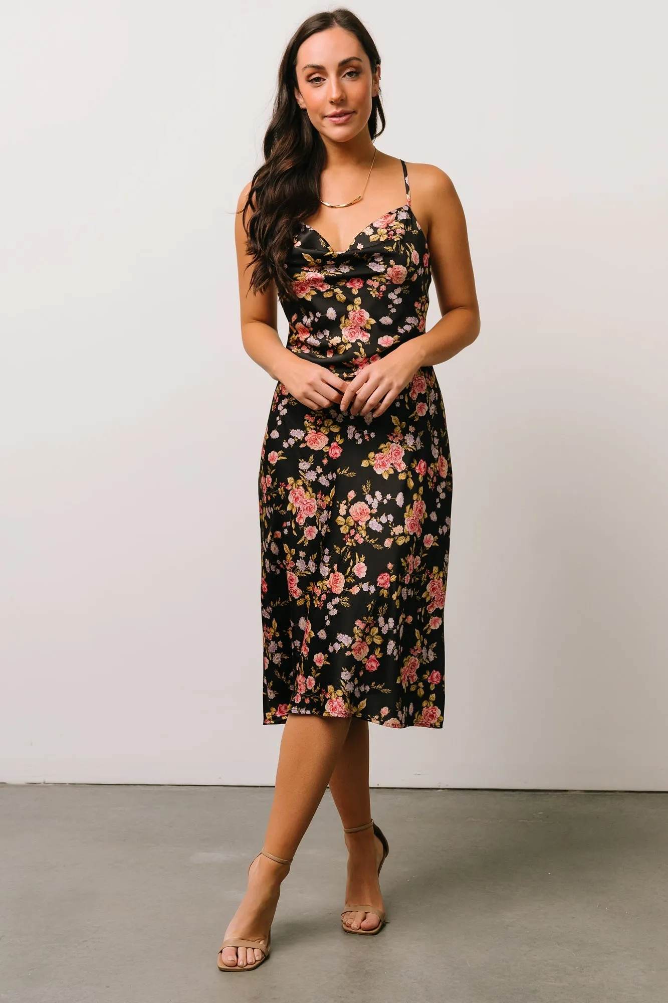 Belyn Satin Midi Dress | Black Rose Floral sold by Baltic Born product image thumbnail 5