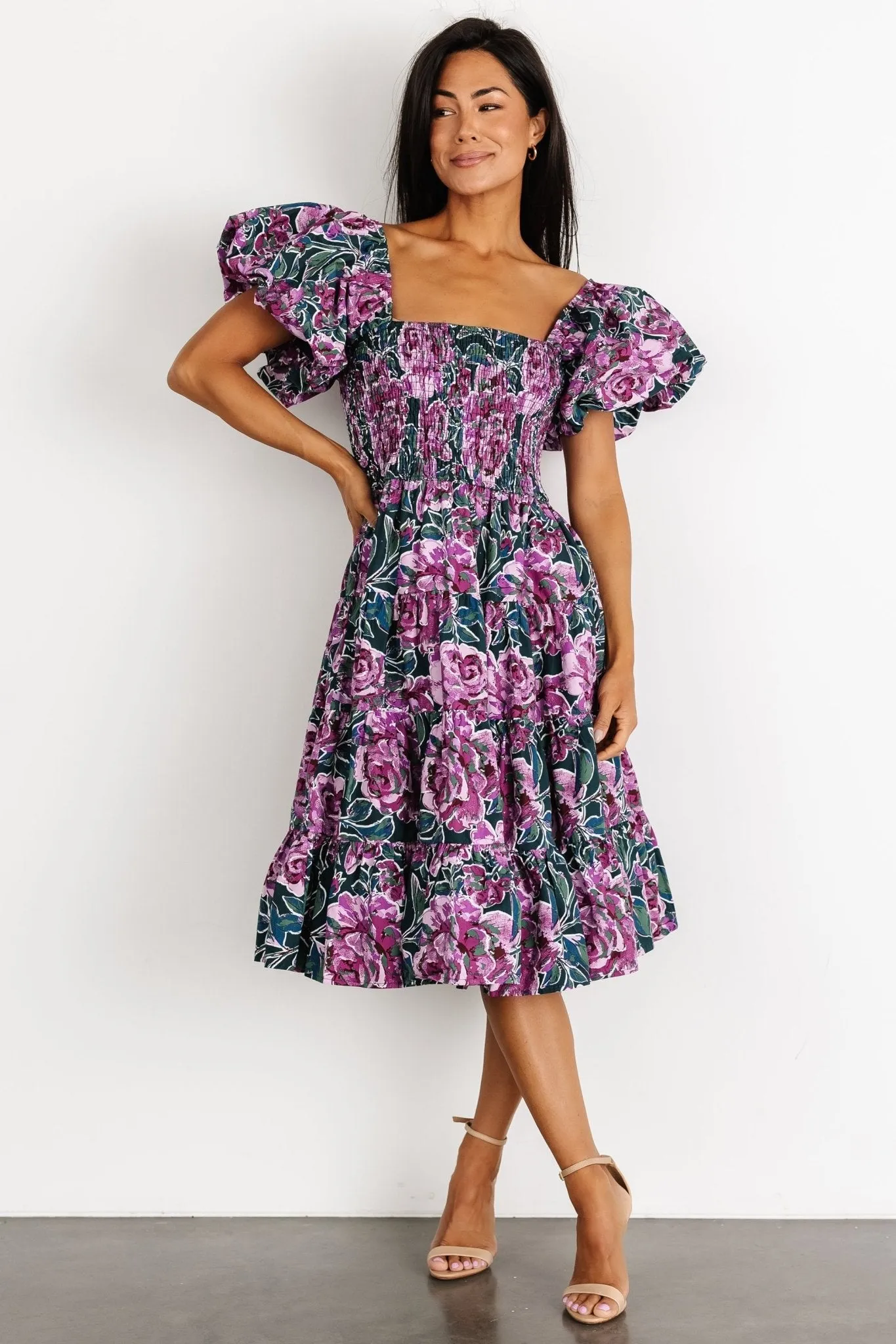 Avalon Puff Sleeve Dress | Jade + Fuchsia Multi sold by Baltic Born