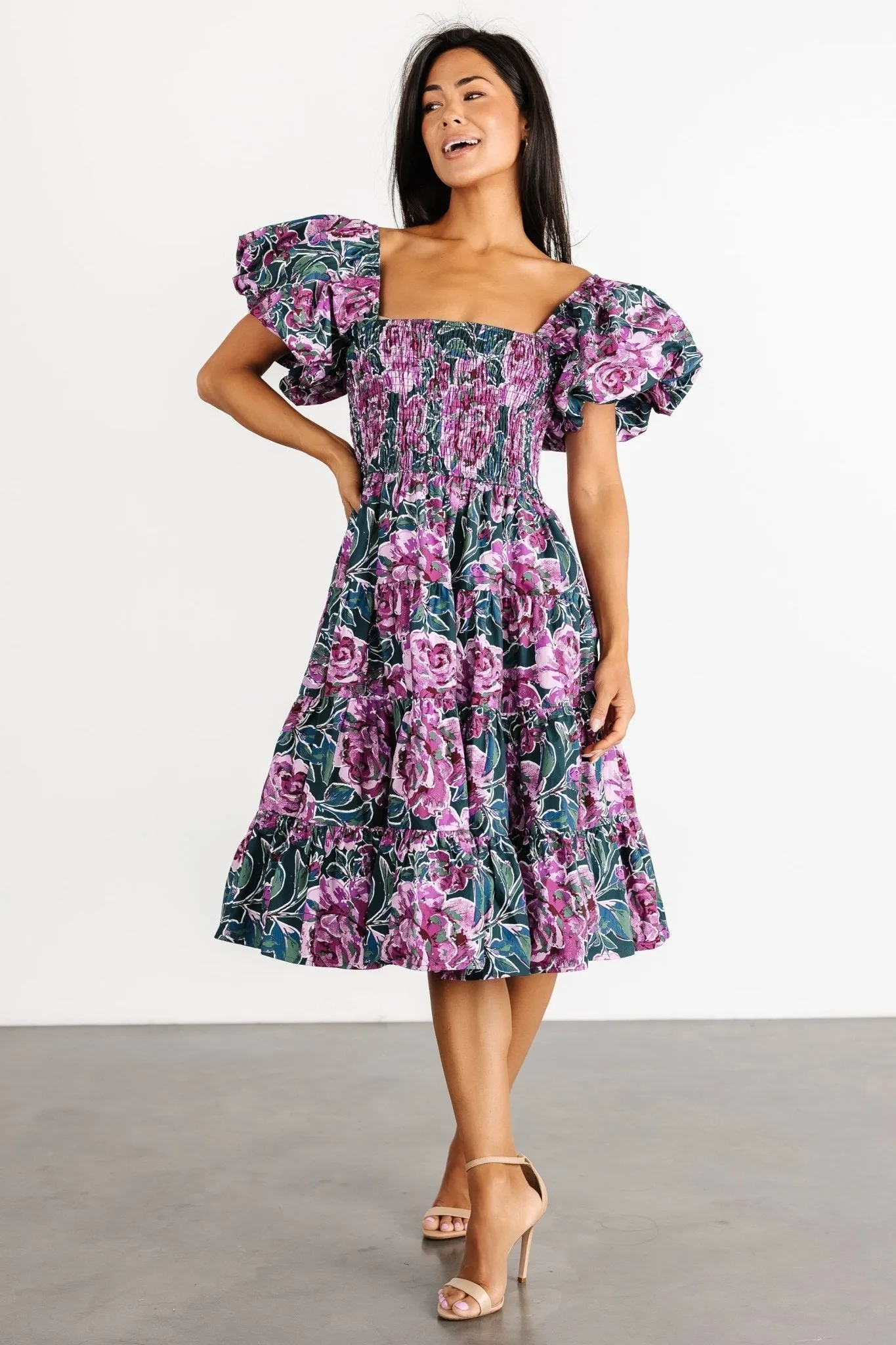 Avalon Puff Sleeve Dress | Jade + Fuchsia Multi sold by Baltic Born product image thumbnail 4