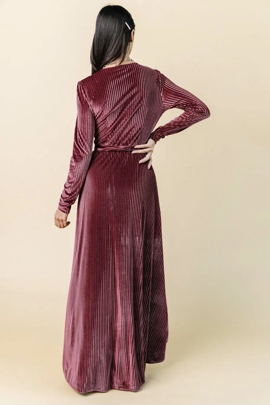 Jada Ribbed Velvet Wrap Dress | Dark Rose sold by Baltic Born product image thumbnail 5
