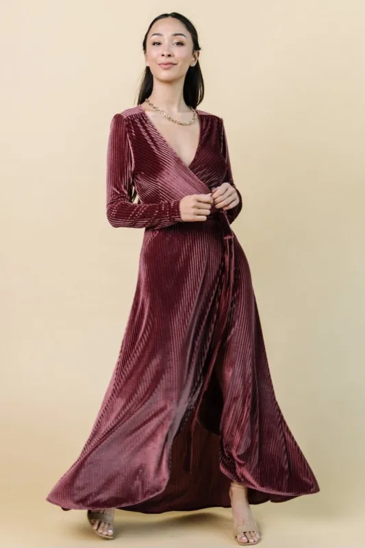 Jada Ribbed Velvet Wrap Dress | Dark Rose sold by Baltic Born
