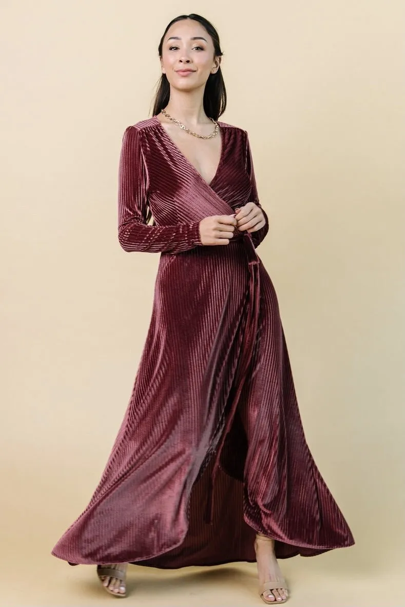 Jada Ribbed Velvet Wrap Dress | Dark Rose sold by Baltic Born