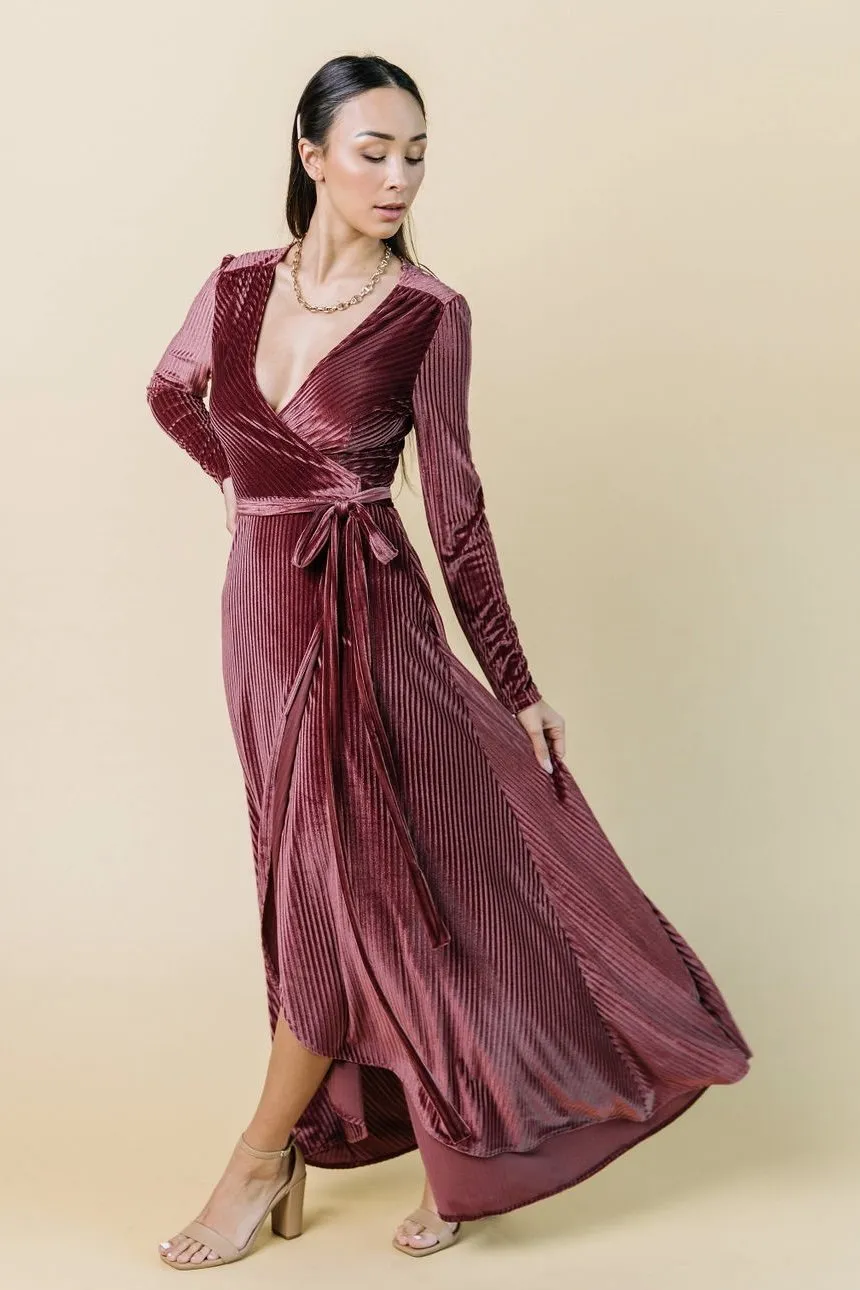 Jada Ribbed Velvet Wrap Dress | Dark Rose sold by Baltic Born product image thumbnail 4