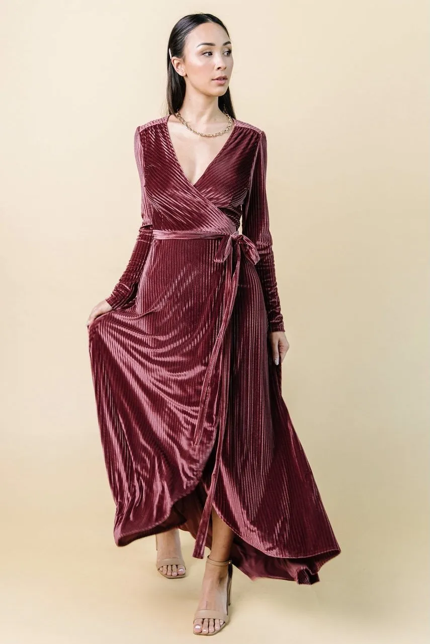Jada Ribbed Velvet Wrap Dress | Dark Rose sold by Baltic Born product image thumbnail 3