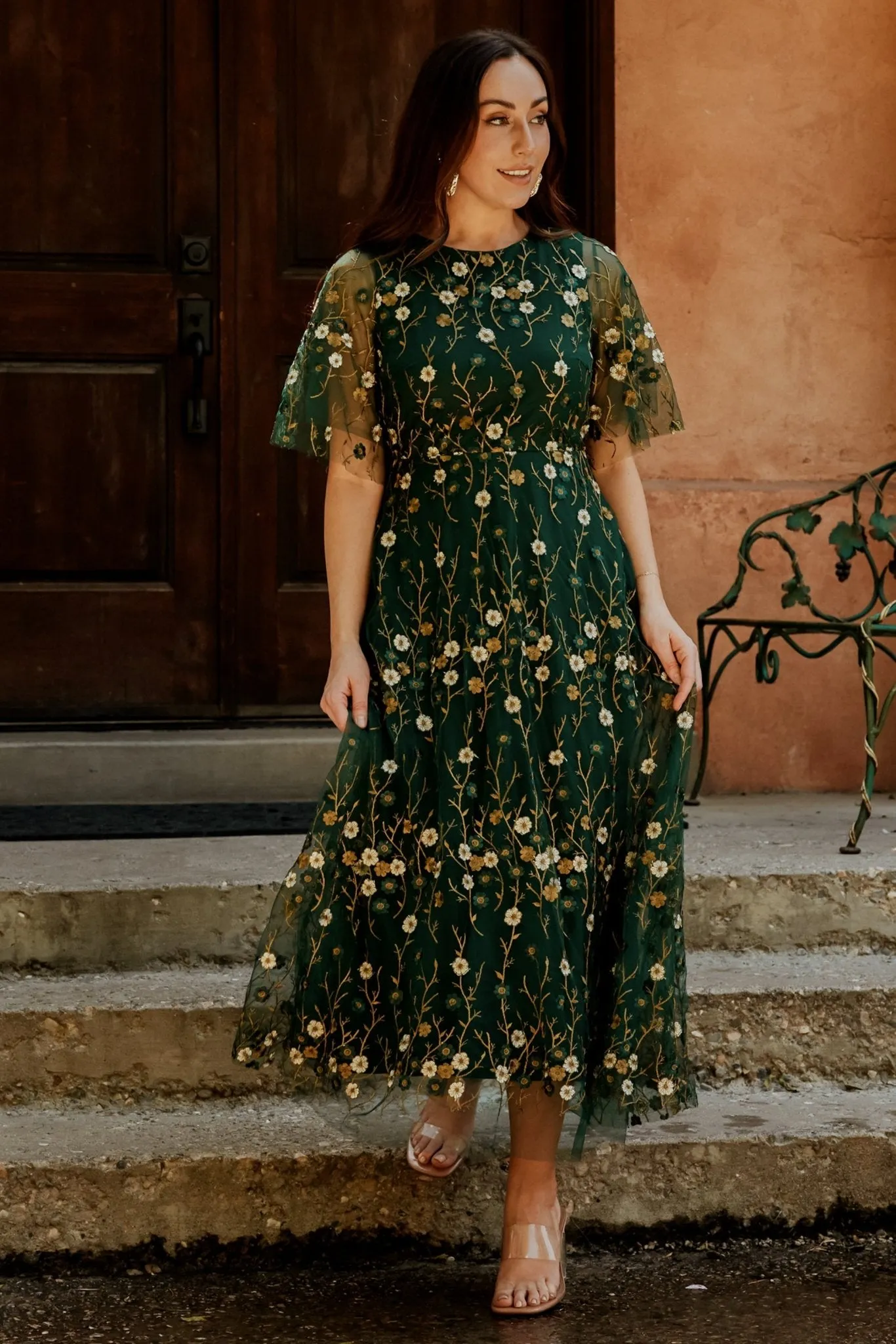 wedding dress fitting Wedtrend Women Wedding Guest Dress with Pocket Green Asymmetrical Printed  Long Bridesmaid Dress with Strapless – WEDTREND main image 1