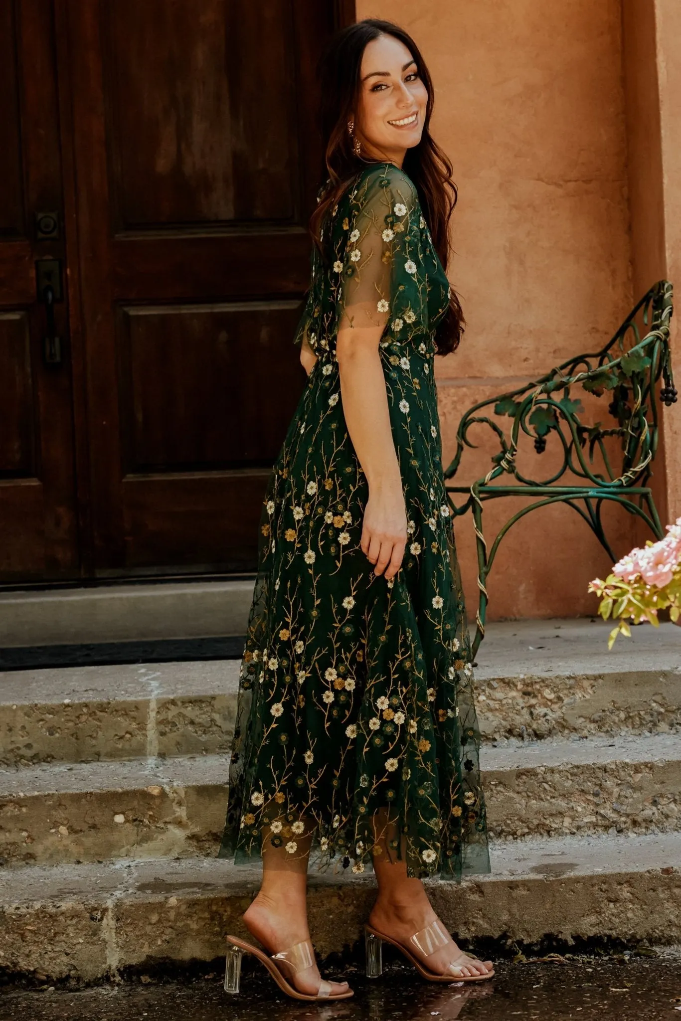 Arabella Embroidered Tulle Maxi Dress | Dark Green Floral