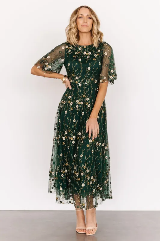 Arabella Embroidered Tulle Maxi Dress | Dark Green Floral sold by Baltic Born