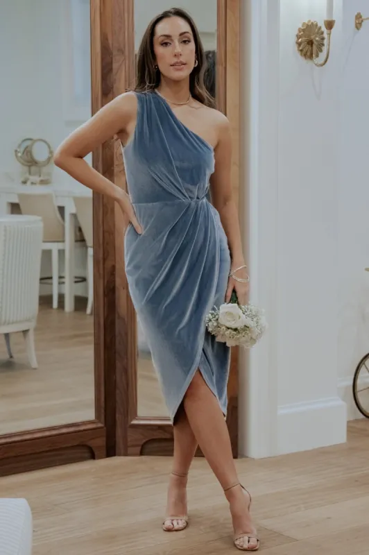 Kourtney Velvet One Shoulder Midi Dress | Dusty Blue sold by Baltic Born