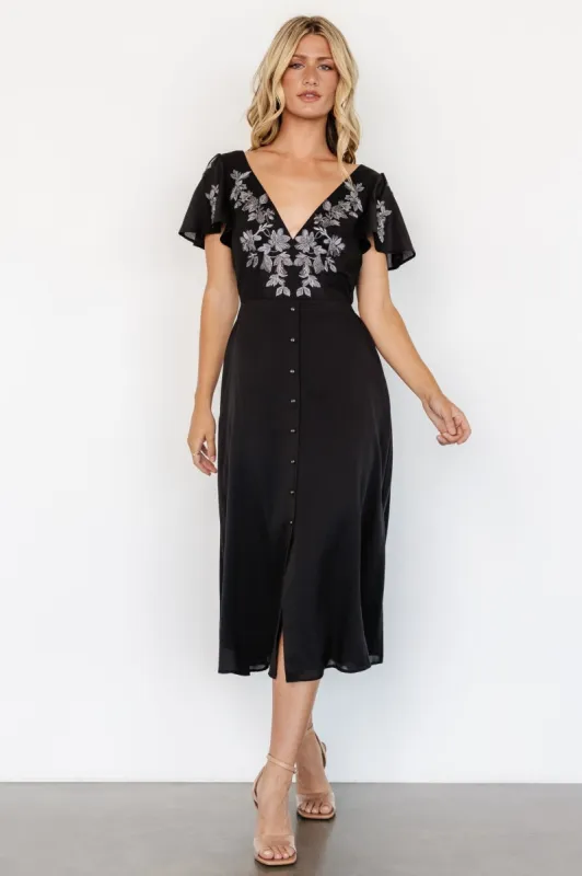 Swan Bead Embroidered Midi Dress | Black sold by Baltic Born