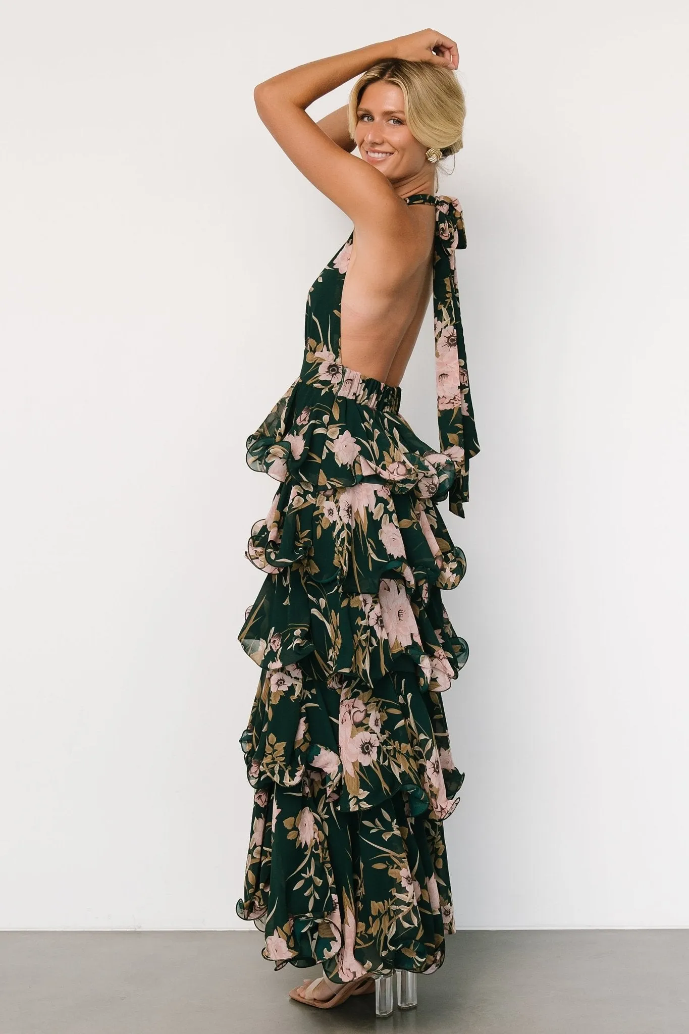 Jesslyn Open Back Tiered Maxi Dress | Green + Pink sold by Baltic Born product image thumbnail 4