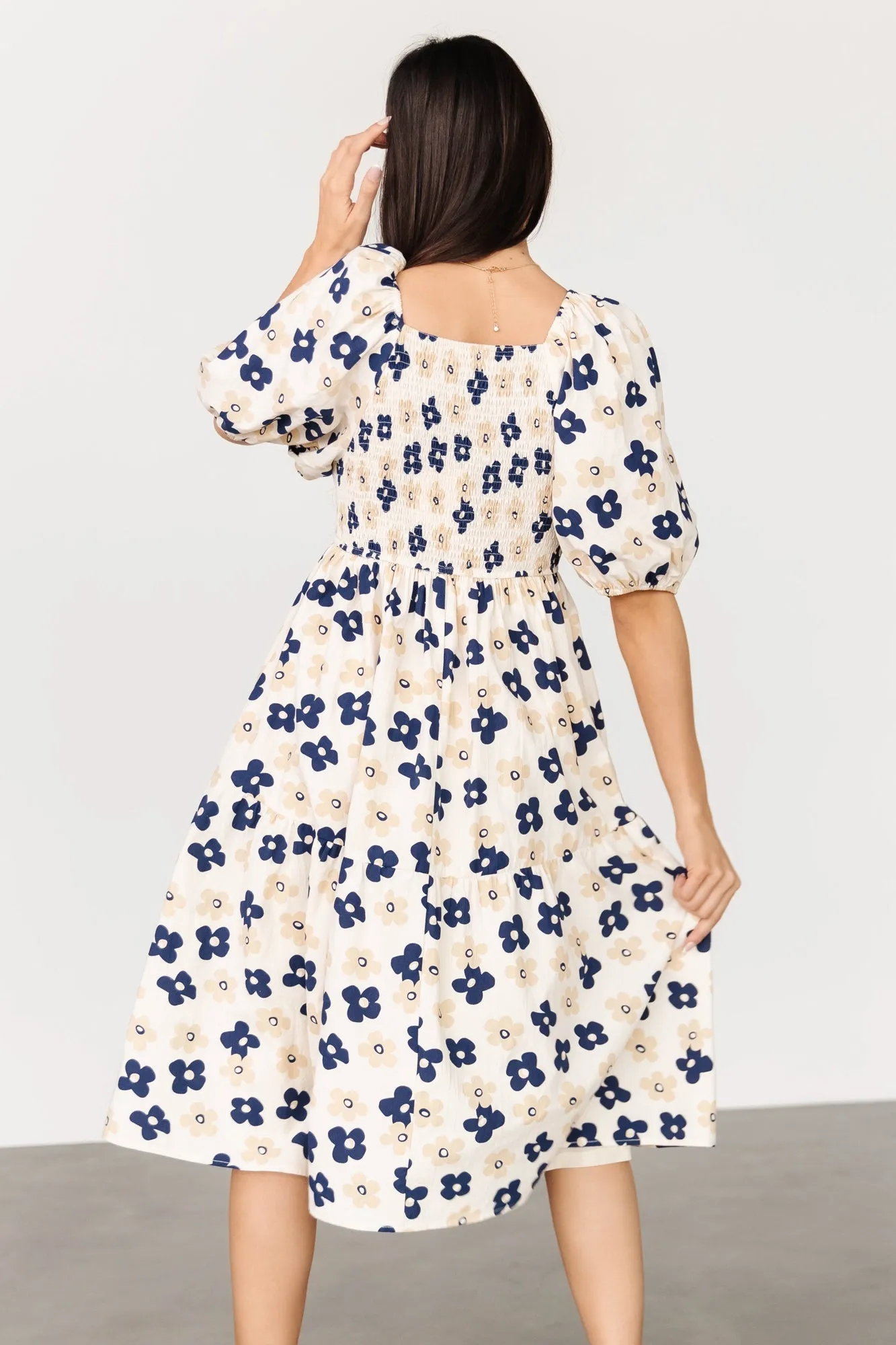 Aimee Puff Sleeve Midi Dress | Natural + Navy sold by Baltic Born product image thumbnail 4