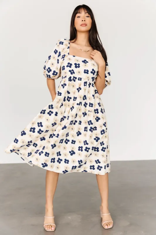Aimee Puff Sleeve Midi Dress | Natural + Navy sold by Baltic Born