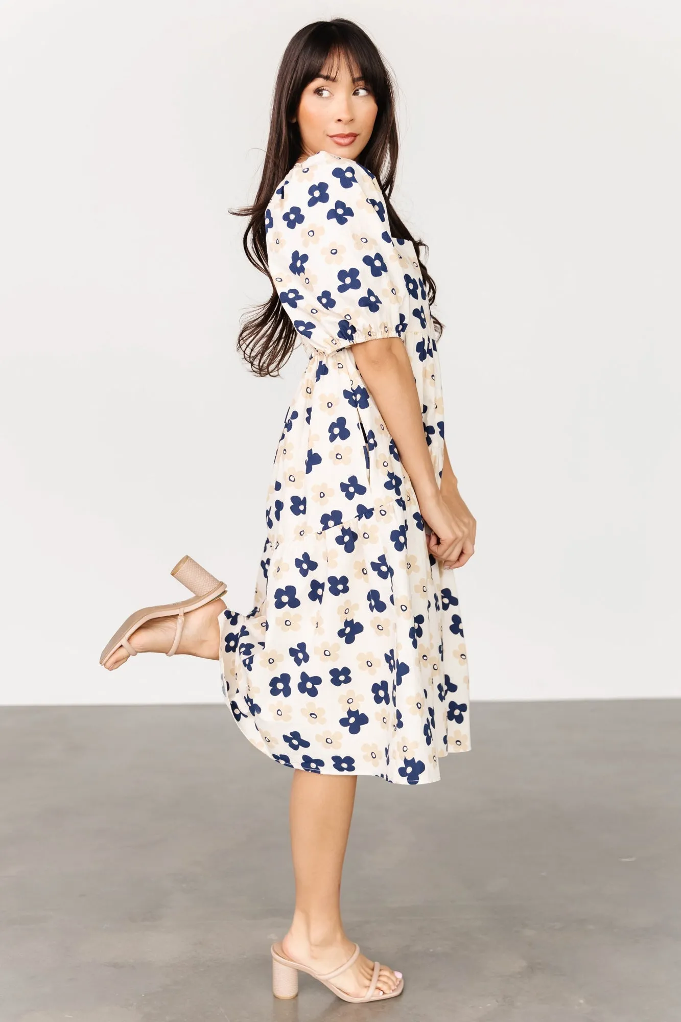 Aimee Puff Sleeve Midi Dress | Natural + Navy sold by Baltic Born product image thumbnail 2