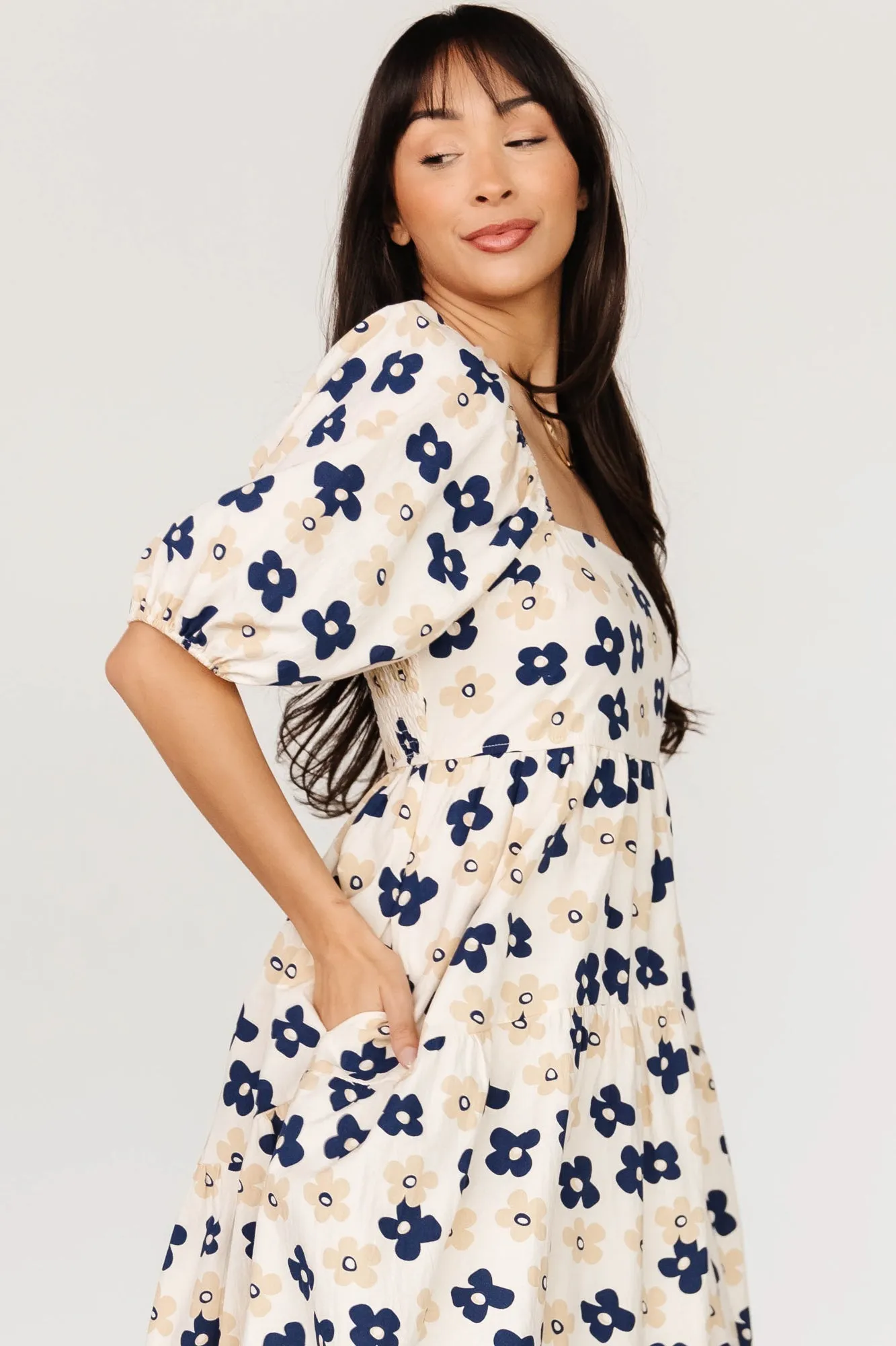 Aimee Puff Sleeve Midi Dress | Natural + Navy sold by Baltic Born product image thumbnail 3