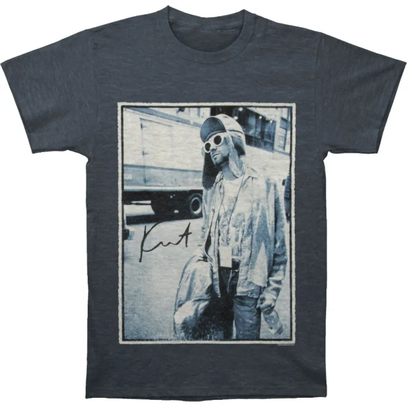Kurt Cobain Standing By Bus Photo Regular Mens T-shirt sold by Rockabilia