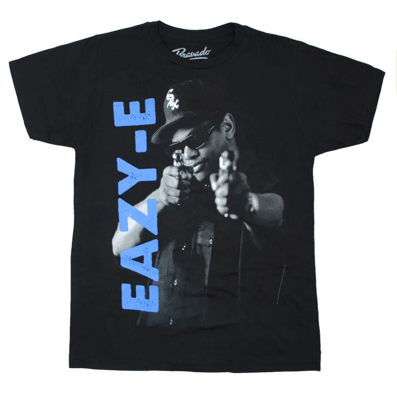 Blue Vertical Logo & Black & Grey Pointing Gun Photo T-shirt sold by Rockabilia