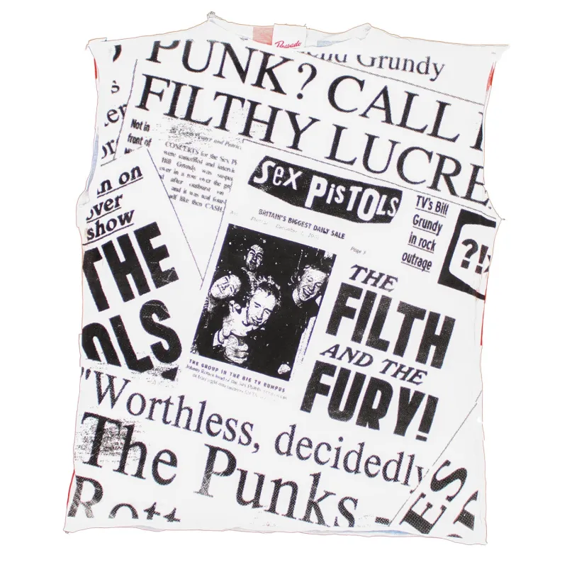Sleeveless Newspaper Collage/Union Jack Slim Fit T-shirt made by Sex Pistols