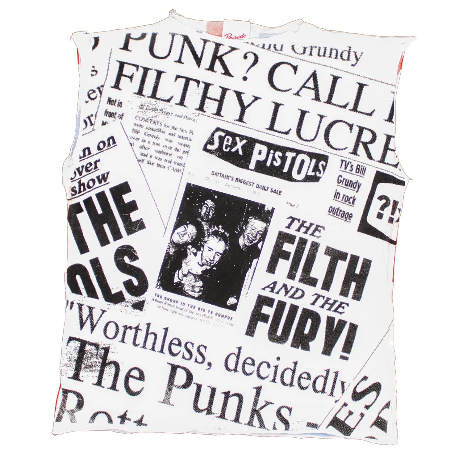 Sleeveless Newspaper Collage/Union Jack Slim Fit T-shirt sold by Rockabilia