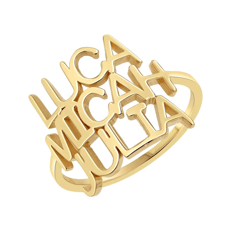 Linear Triple Name Ring sold by Baby Gold