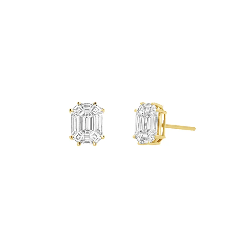 Emerald Shape Illusion Set Diamond Stud Earrings sold by Baby Gold