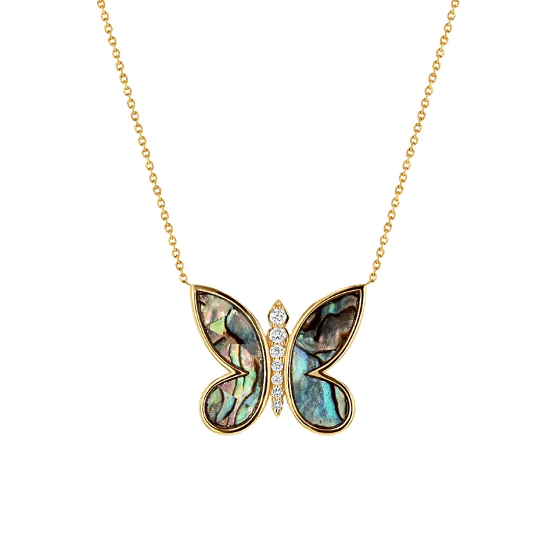Diamond Abalone Inlay Butterfly Necklace sold by Baby Gold