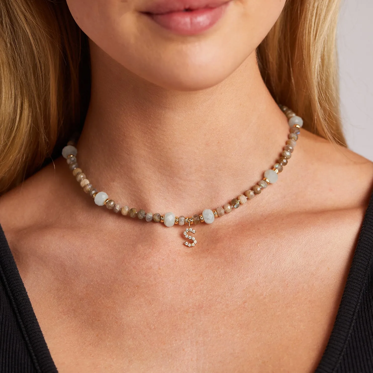 Diamond Letter Aqua & Labradorite Necklace sold by Baby Gold product image thumbnail 4