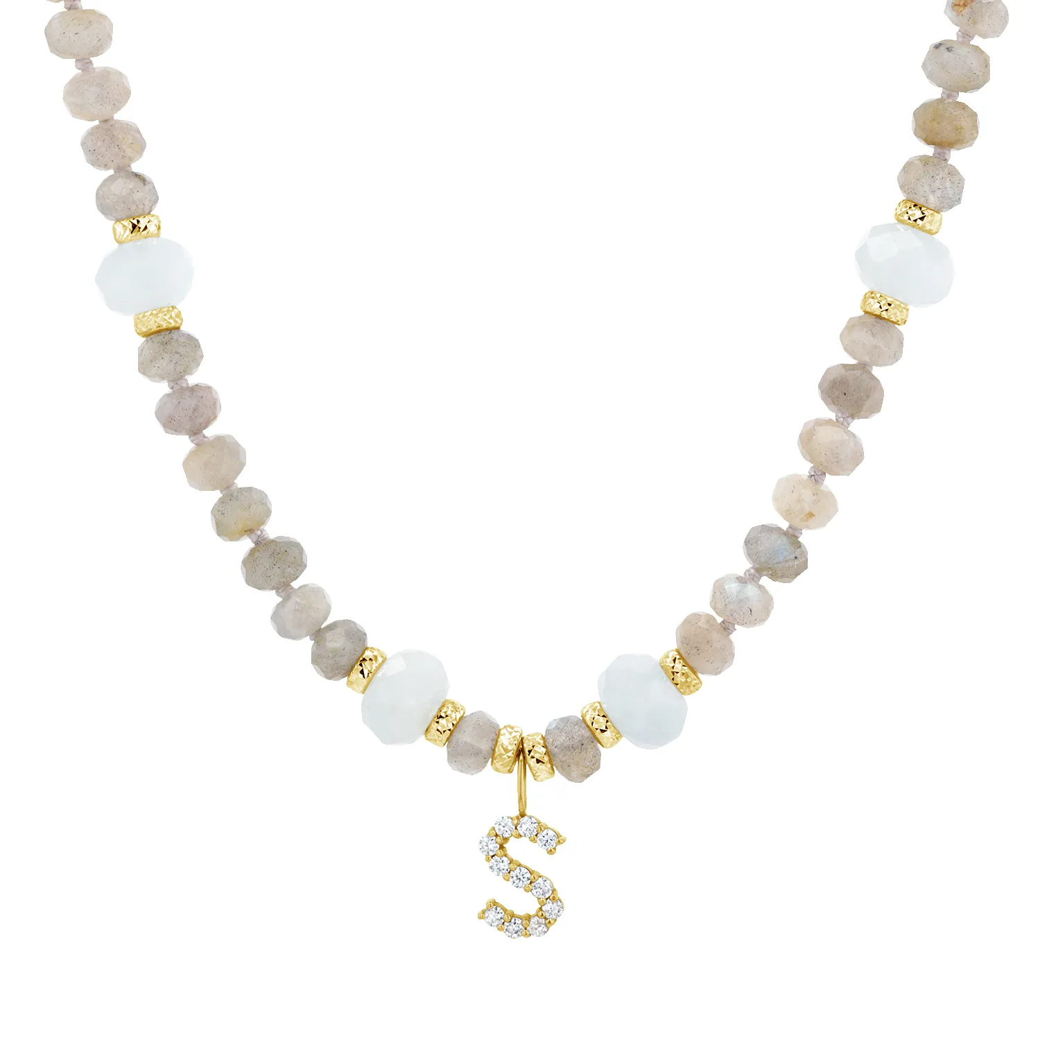 Diamond Letter Aqua & Labradorite Necklace sold by Baby Gold