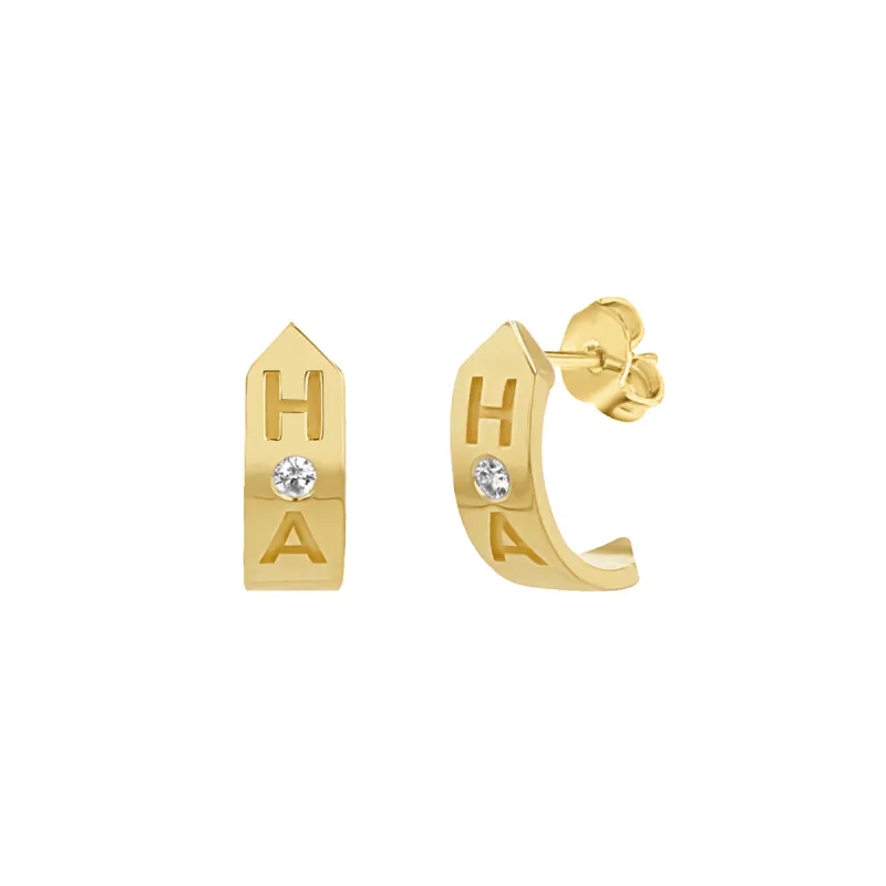 Shield Letter Huggie Hoops sold by Baby Gold