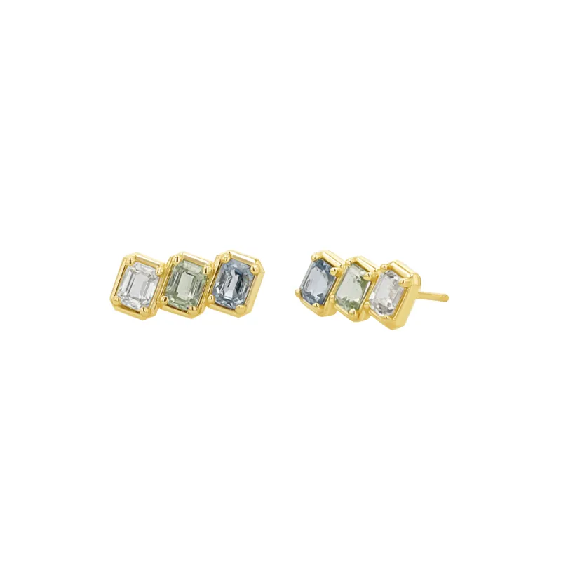 Emerald Cut Blue Ombré Trio Sapphire Earrings sold by Baby Gold