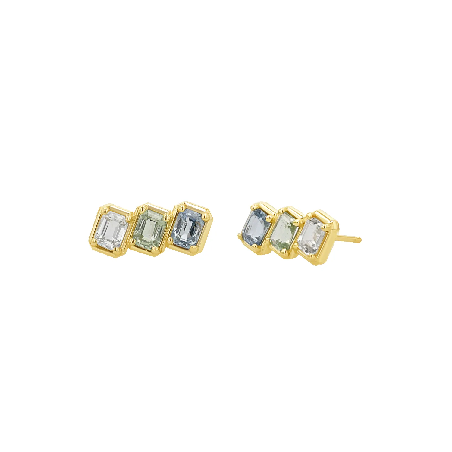 Emerald Cut Blue Ombré Trio Sapphire Earrings sold by Baby Gold