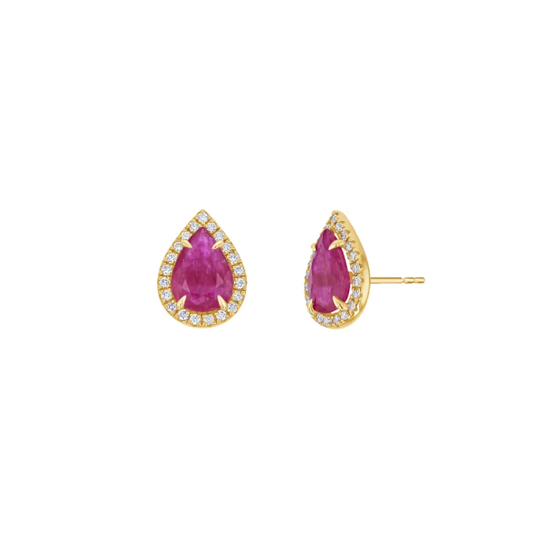 Diamond Pave Teardrop Ruby Studs sold by Baby Gold