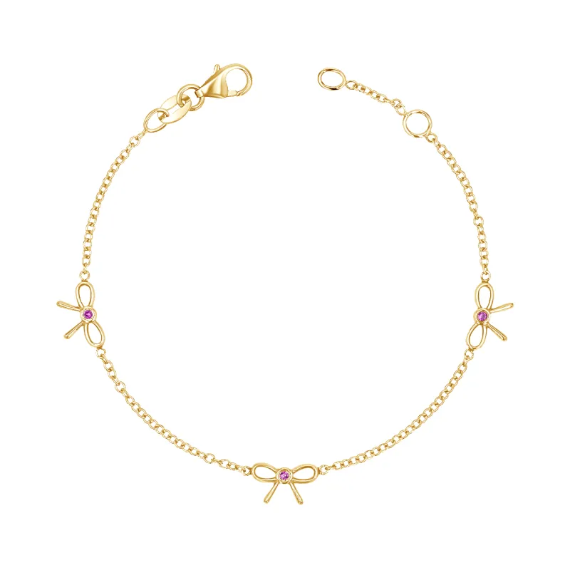 Dainty Pink Sapphire Three Bow Bracelet sold by Baby Gold